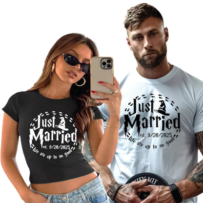 Just Married We Are Up To No Good Custom Date Matching Couple T Shirts Wizard, Custom Matching His And Her Shirts For Honeymoon ET0914