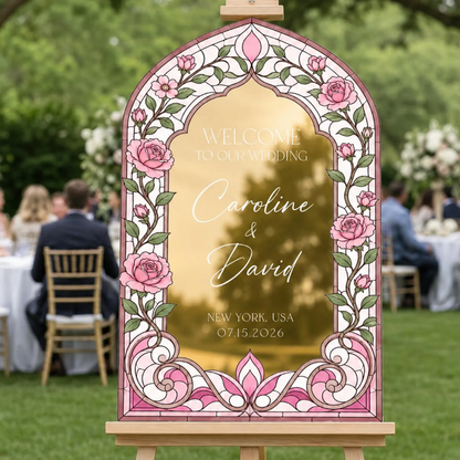 Custom Pink Magnolia Stained Glass Wedding Welcome Acrylic Mirror Sign, Custom Floral Stained Glass Wedding Sign WD0731
