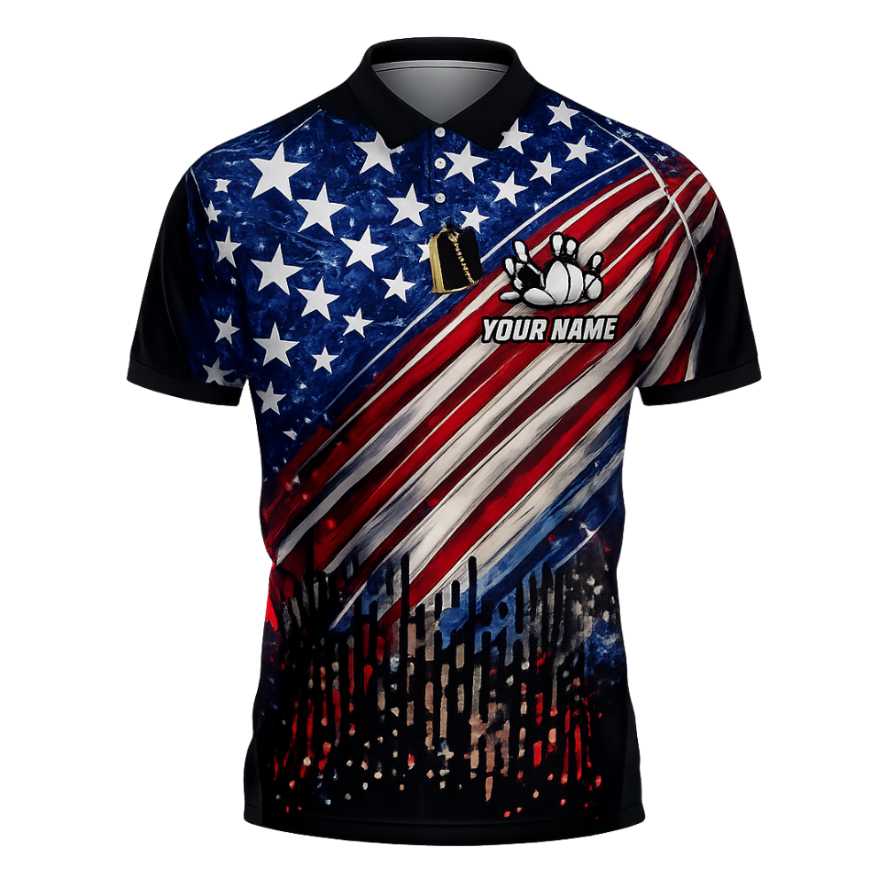 Custom American Flag Bowling Polo Shirt For Men, Custom Patriotic Bowling Team Shirts BZ0449