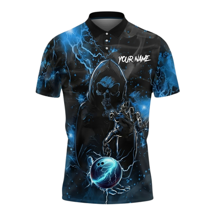 Custom Skull Blue Thunder Bowling Polo Shirts For Men, Custom Skull Team Bowling Shirts BZ1069