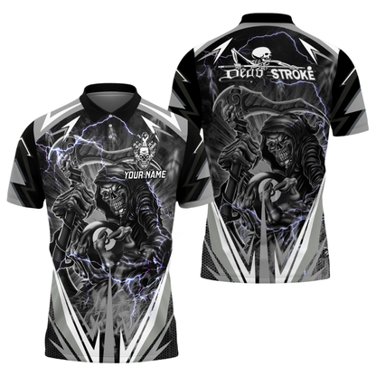 Custom Dead Stroke Skull 8 Ball Mens Blue Billiard Polo Shirt, Custom Skull Billiard Shirts BIZ0310