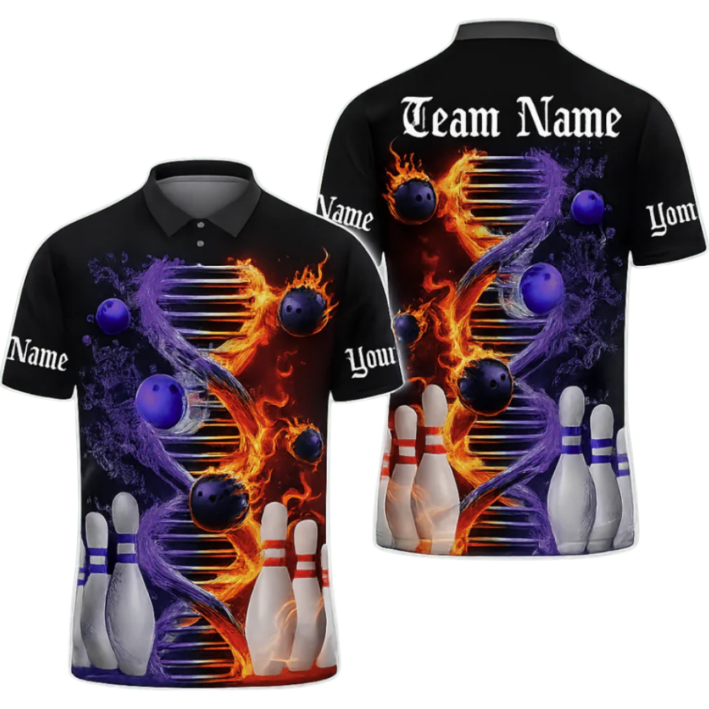 Custom Flame And Water DNA Bowling Mens Polo Shirt, Custom Flame Bowling Shirts Team BZ0487