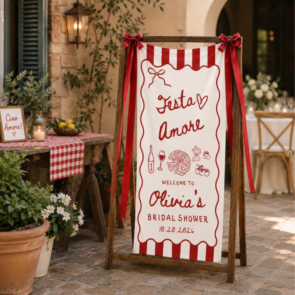 Festa Amore Custom Bridal Shower Fabric Welcome Sign White Red, Custom Italian Bridal Shower Banner WD0487