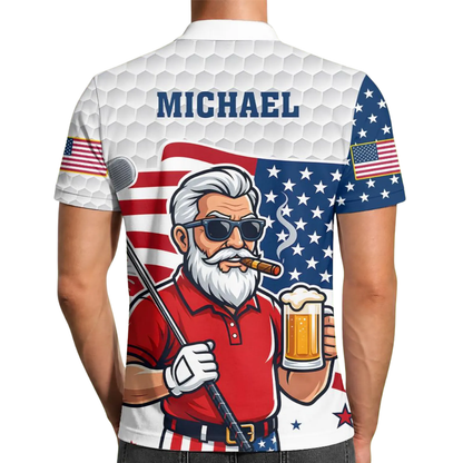 Custom Beer And Old Man American Flag Mens Golf Polo Shirt, Custom Patriotic Beer Golf Shirts GE0554