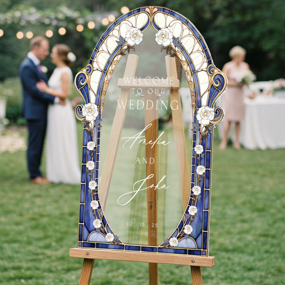 Custom Blue Stained Glass Floral Wedding Acrylic Sign, Custom Wedding Sign Stained Glass WD0680