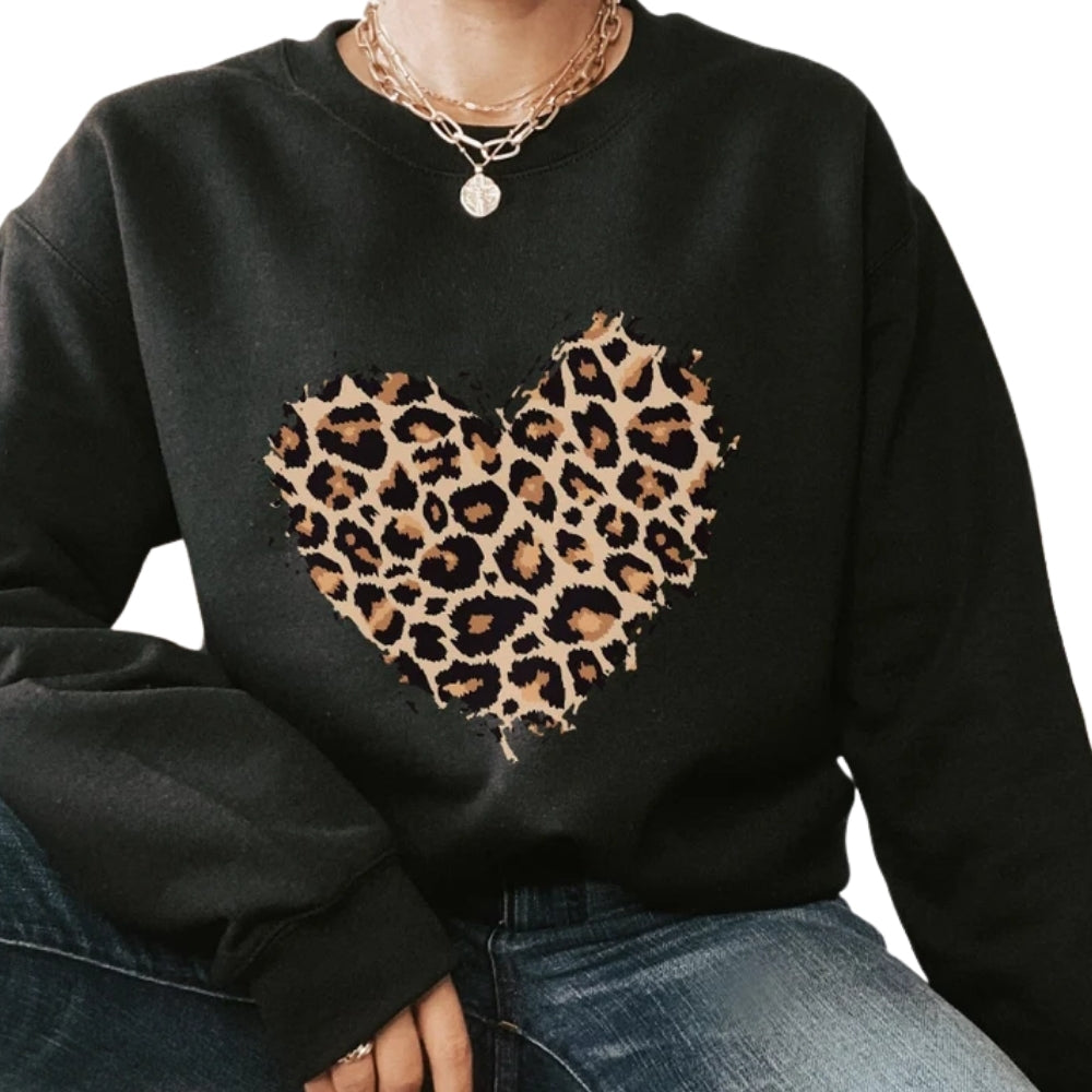 Womens Leopard Heart Sweatshirt, Animal Print Heart Sweatshirt For Valentine Day 2D0774