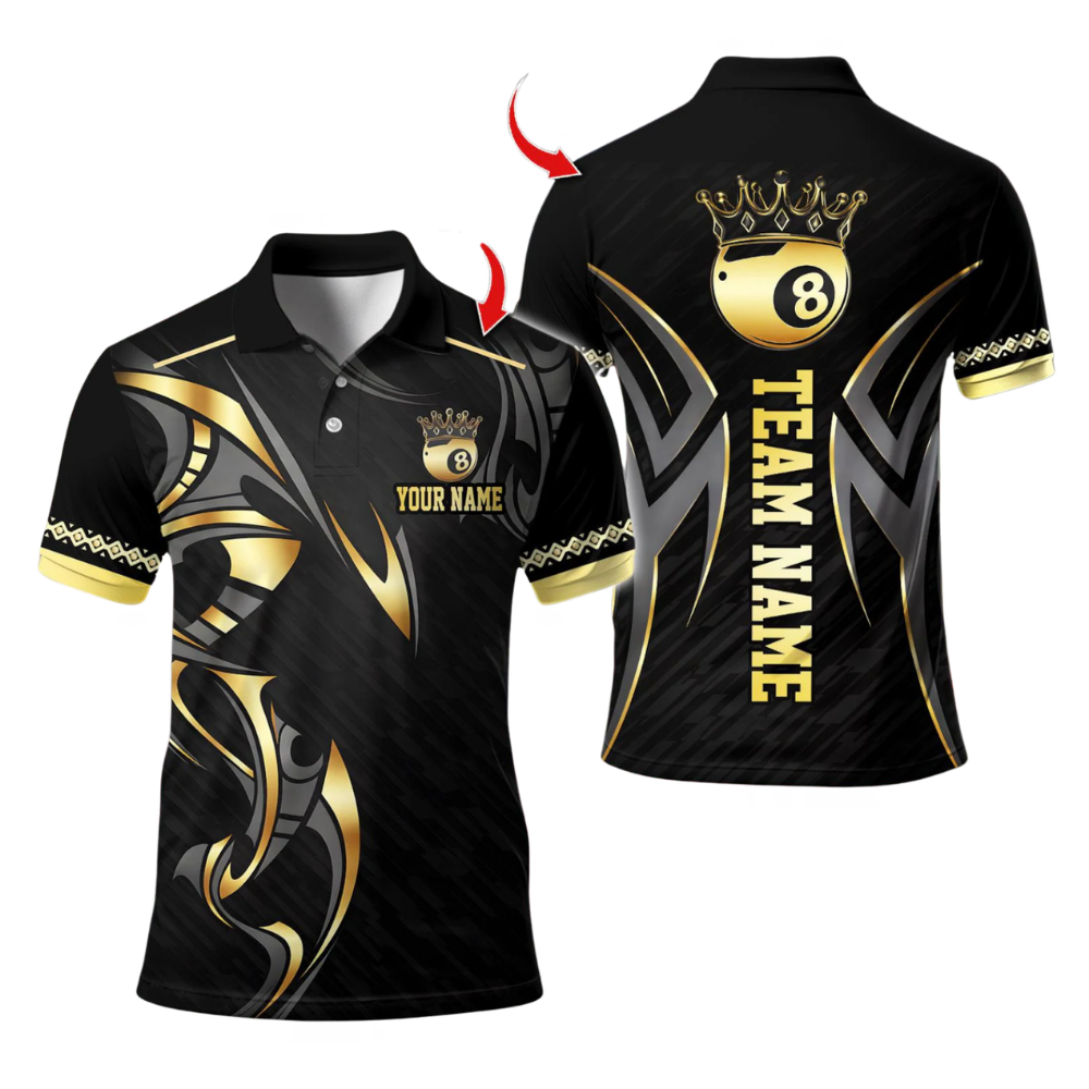 Custom King 8 Ball Black And Gold Billiard Polo Shirt Mens, Custom 8 Ball Pool Team Shirts BIE0065