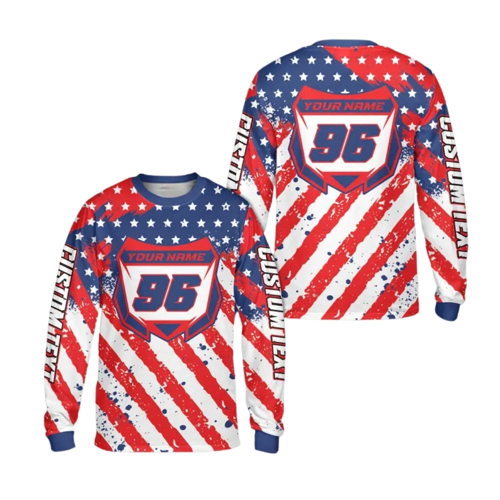 Custom Red White And Blue USA Flag Dirt Bike Long Sleeve Shirt For Men, Custom Patriotic Dirt Bike Jerseys Shirt ME0026