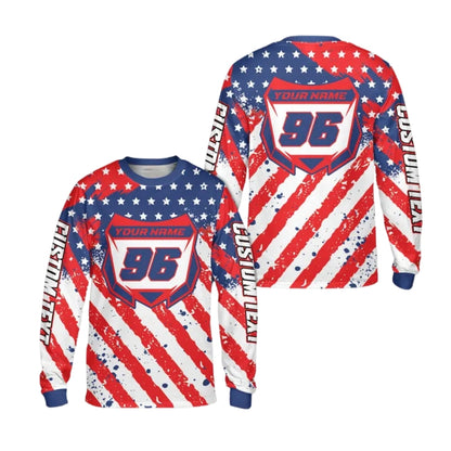 Custom Red White And Blue USA Flag Dirt Bike Long Sleeve Shirt For Men, Custom Patriotic Dirt Bike Jerseys Shirt ME0026