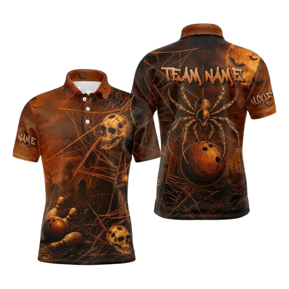 Custom Orange Skull Spider Bowling Polo Shirt For Men, Custom Skull Bowling Team Shirts BZ1090