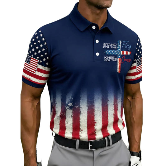 Stand For The Flag Kneel For The Cross USA Flag Golf Polo Shirt Mens, Patriotic Christian Golf Shirts GE0357