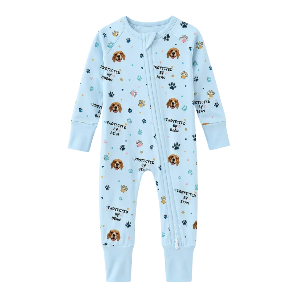 Custom Protected By Dog Baby Convertible Zipper Romper, Custom Dog Photo Baby Romper Convertible BB0644