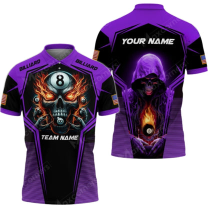 Custom Skull Mens Flaming 8 Ball Black And Red Billiard Polo Shirt, Custom Skull 8 Ball Billiard Pool Team Shirts BIZ0303