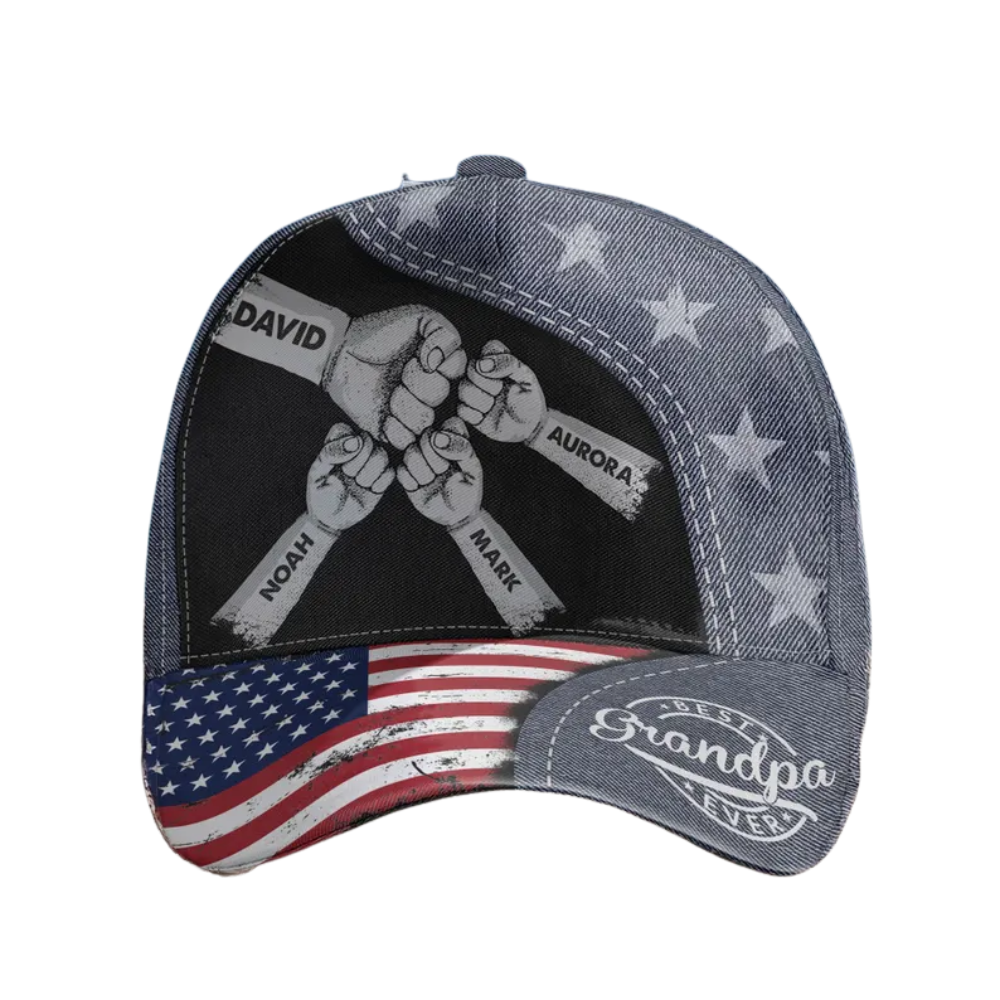Best Grandpa Ever Custom US Flag Fist Bump Kid Names Baseball Cap, Custom 3D Printed Hats Caps For Father's Day CP0156