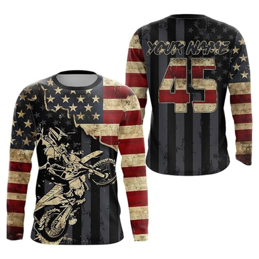 Custom Vintage American Flag Dirt Bike Long Sleeve Shirts, Custom Patriotic Dirt Bike Racing Jerseys MZ0045
