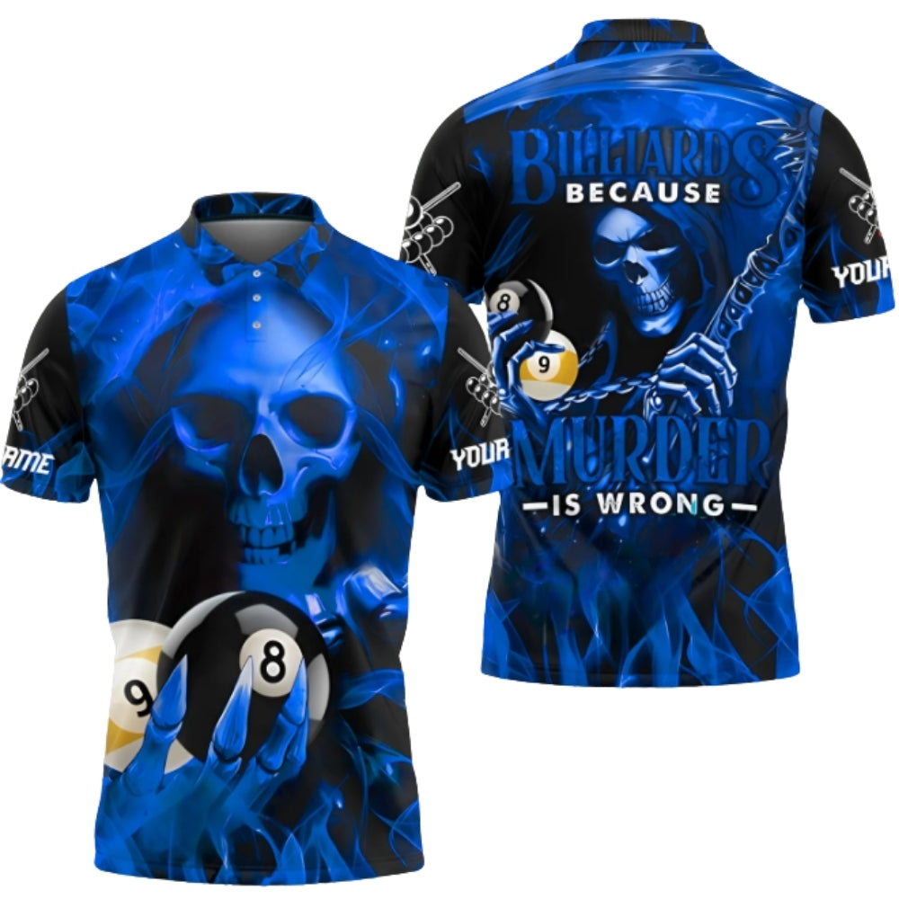 Billiards Because Murder Is Wrong Custom Skull Blue Flame Billiard Polo Shirt Men, Custom Skull Billiard Shirts BIZ0304