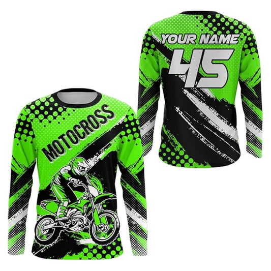Personalized Motocross Green Long Sleeve Jersey For Men, Custom Racing Dirt Bike Shirts MZ0058