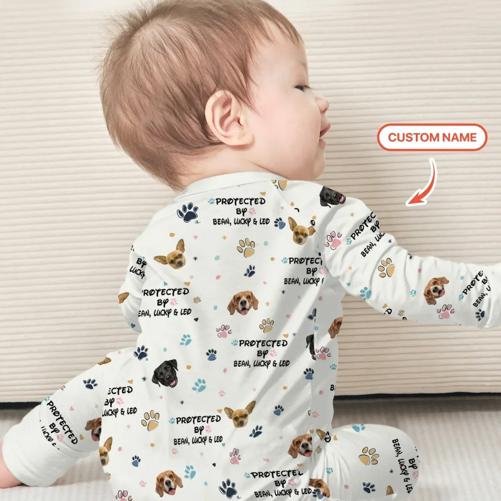 Custom Protected By Dog Baby Convertible Zipper Romper, Custom Dog Photo Baby Romper Convertible BB0644