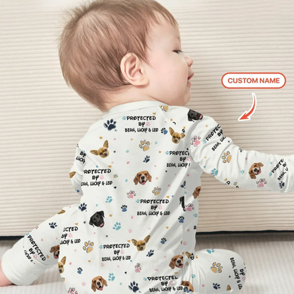 Custom Protected By Dog Baby Convertible Zipper Romper, Custom Dog Photo Baby Romper Convertible BB0644