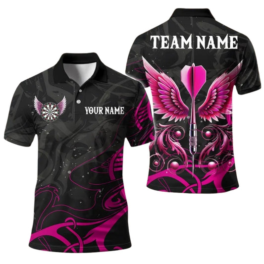 Custom Black Pink Arrow Wings Dart Polo Shirt Mens, Custom Team Darts Shirts DE0081