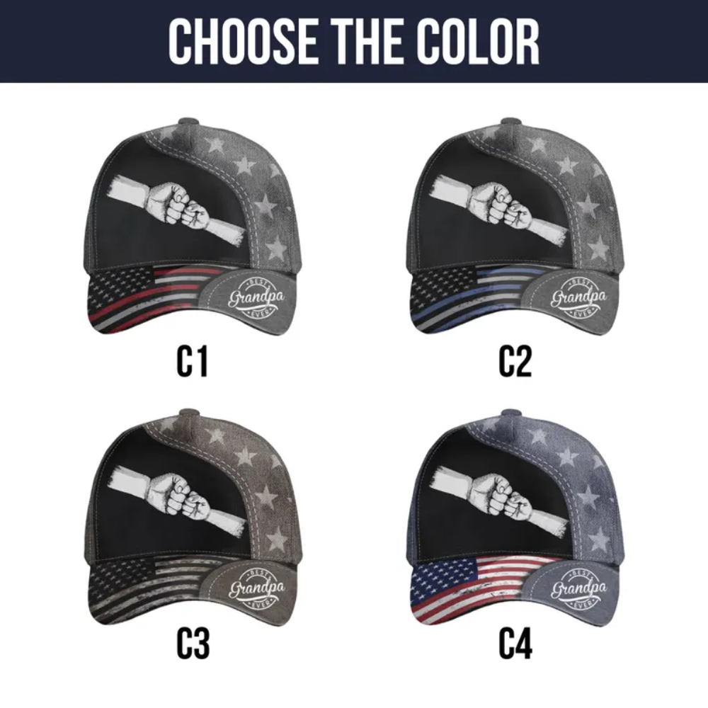 Best Grandpa Ever Custom US Flag Fist Bump Kid Names Baseball Cap, Custom 3D Printed Hats Caps For Father's Day CP0156