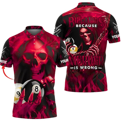 Billiards Because Murder Is Wrong Custom Skull Blue Flame Billiard Polo Shirt Men, Custom Skull Billiard Shirts BIZ0304
