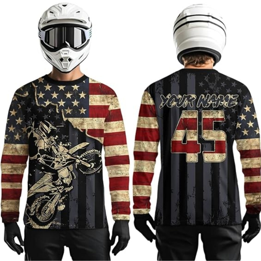 Custom Vintage American Flag Dirt Bike Long Sleeve Shirts, Custom Patriotic Dirt Bike Racing Jerseys MZ0045