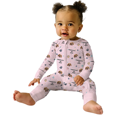 Custom Protected By Dog Baby Convertible Zipper Romper, Custom Dog Photo Baby Romper Convertible BB0644