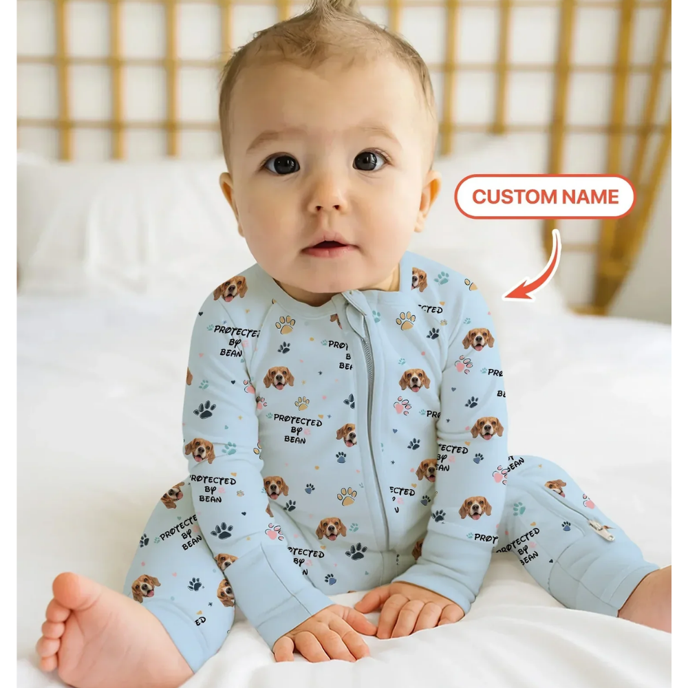 Custom Protected By Dog Baby Convertible Zipper Romper, Custom Dog Photo Baby Romper Convertible BB0644