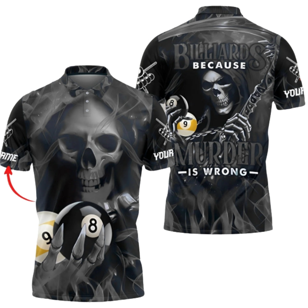 Billiards Because Murder Is Wrong Custom Skull Blue Flame Billiard Polo Shirt Men, Custom Skull Billiard Shirts BIZ0304