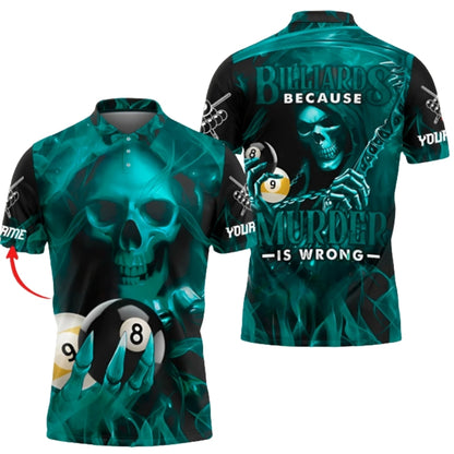 Billiards Because Murder Is Wrong Custom Skull Blue Flame Billiard Polo Shirt Men, Custom Skull Billiard Shirts BIZ0304