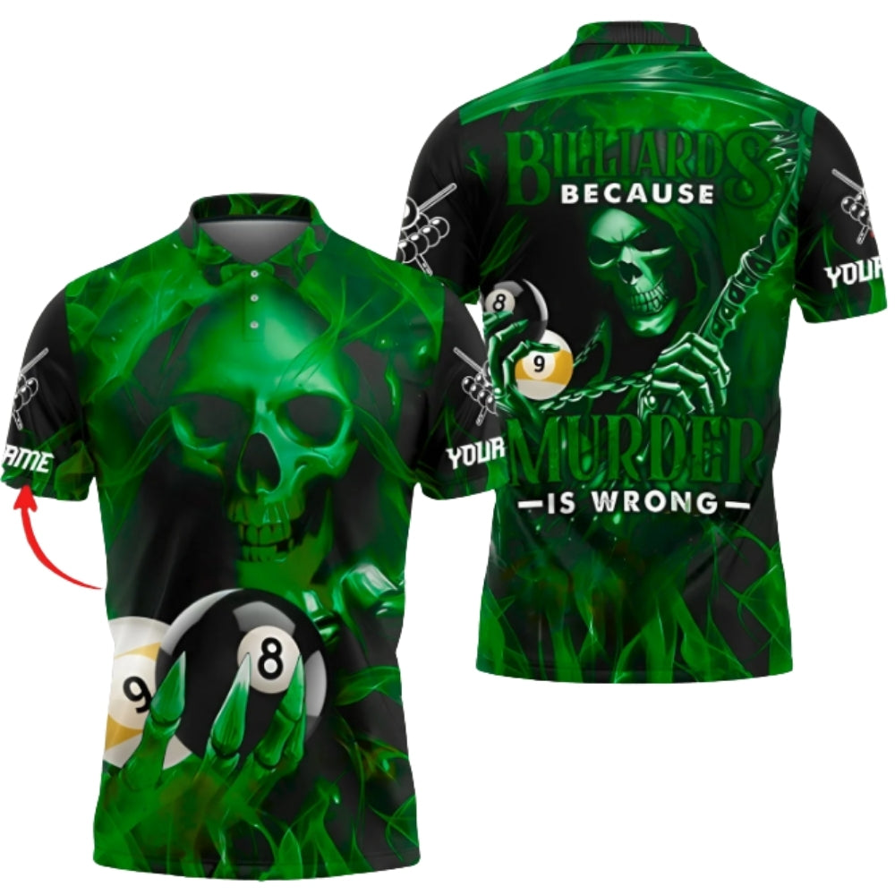 Billiards Because Murder Is Wrong Custom Skull Blue Flame Billiard Polo Shirt Men, Custom Skull Billiard Shirts BIZ0304