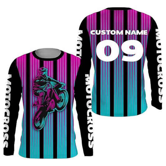 Men's Custom Long Sleeve Motocross Jersey Pink Cyan, Custom Dirt Bike Jerseys MZ0059