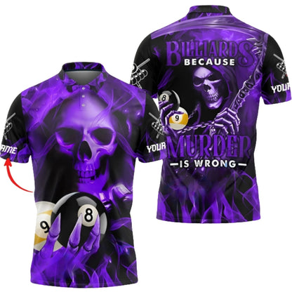 Billiards Because Murder Is Wrong Custom Skull Blue Flame Billiard Polo Shirt Men, Custom Skull Billiard Shirts BIZ0304