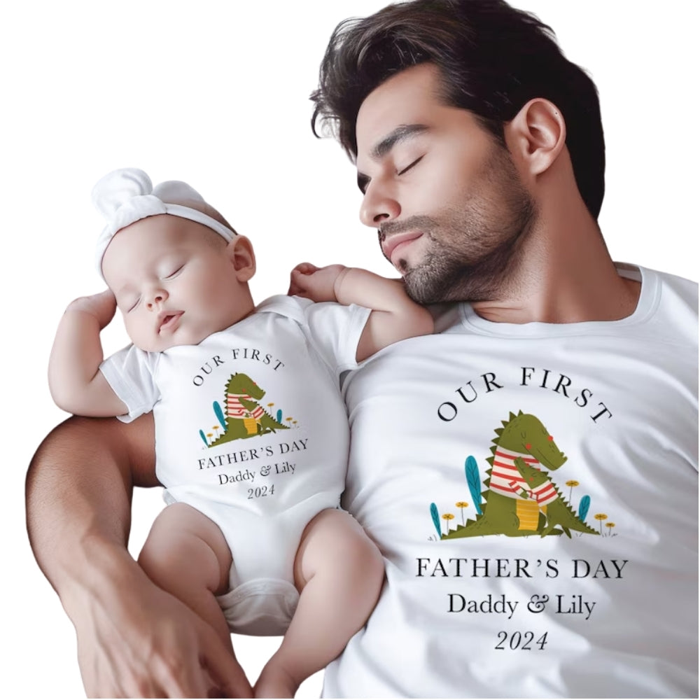 Our First Father's Day Personalized Daddy And Baby Crocodile Matching T Shirts, Custom First Father's Day Matching Shirts ET0918