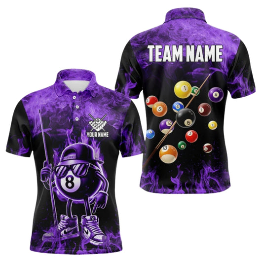 Custom Purple Flame 8 Ball Polo Shirt For Men, Custom 8 Ball Flame Billiard Team Shirts BIZ0305