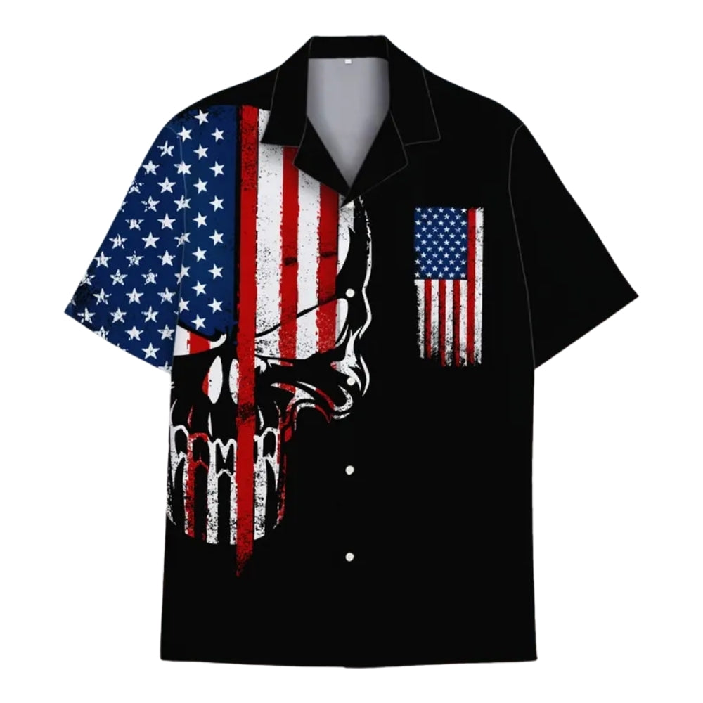 American Flag Skull Hawaiian Shirt Men Women, Patriotic Skull Hawaiian Shirts HE0316