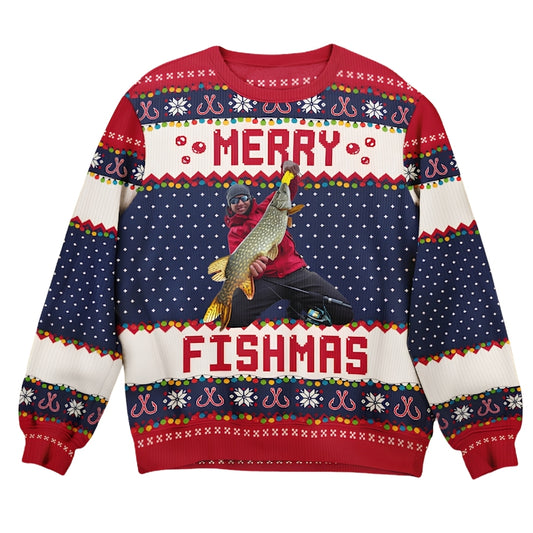Merry Fishmas Custom Photo Ugly Christmas Sweatshirt For Men, Custom Fishing Lover Xmas Sweatshirt 2D1052
