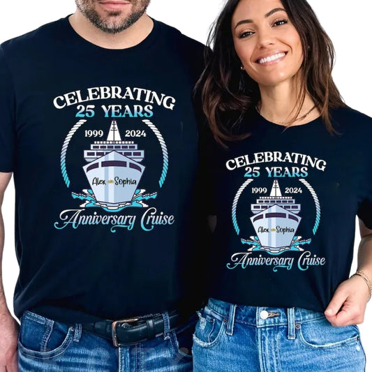 Celebrating 25 Years Anniversary Cruise Personalized Matching Couple T Shirt, Custom Cruise Trip Matching Couple Shirts For 25th Anniversary ET0749