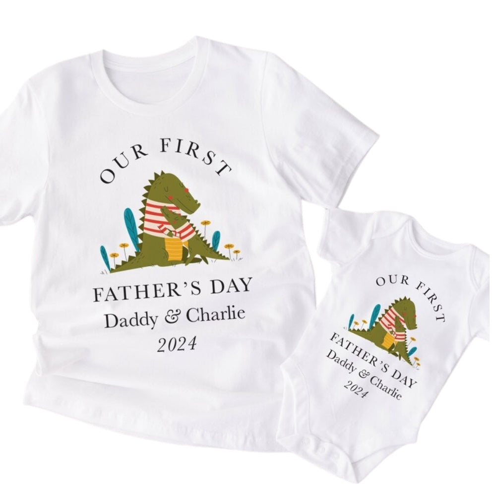 Our First Father's Day Personalized Daddy And Baby Crocodile Matching T Shirts, Custom First Father's Day Matching Shirts ET0918