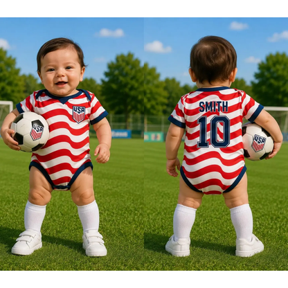 Personalized USA Flag Soccer Baby Bodysuit, Custom USA Soccer Baby Bodysuit BB0315
