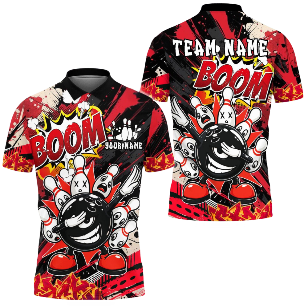 Funny Ball And Pins Custom Mens Graffiti Red Bowling Polo Shirt, Custom Team Bowling Shirts BE0211