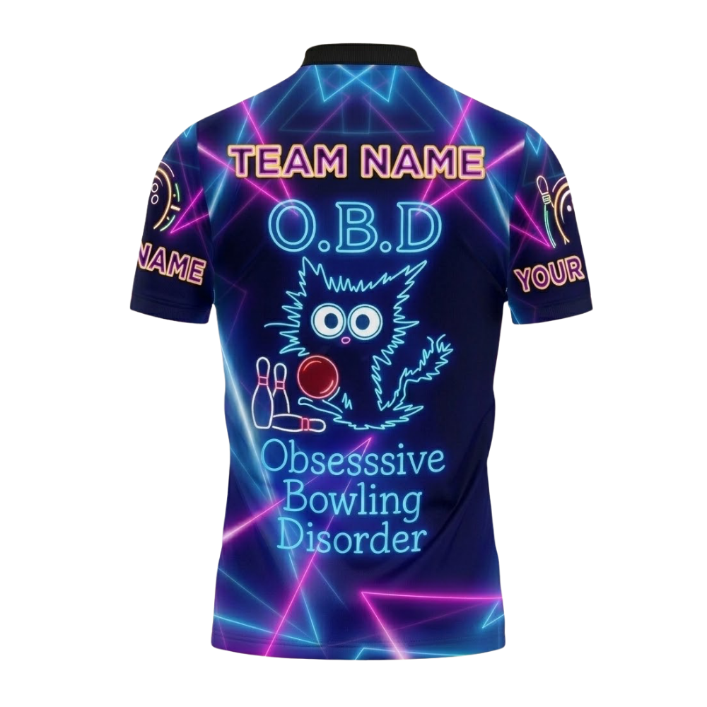 O.B.D Obsessive Bowling Disorder Custom Funny Cat Neon Bowling Polo Shirt For Men, Custom Funny Bowling Team Shirts BZ0743