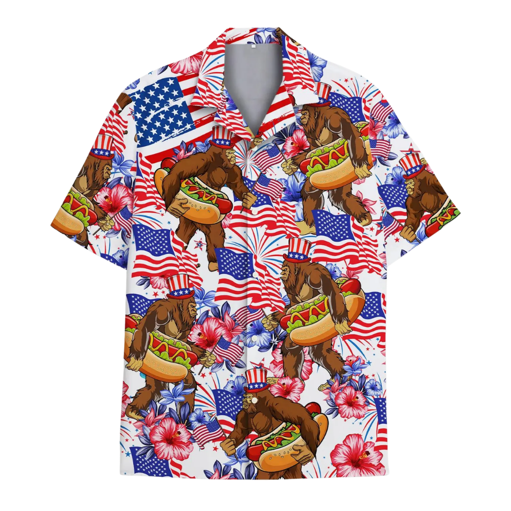Bigfoot Hot Dog American Flag Hawaiian Shirt Mens, Tropical Bigfoot Hawaiian Shirts HE0468