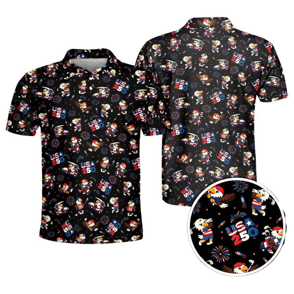 Men's Funny Eagle American Flag Navy Golf Polo Shirts, 4th Of July Eagle Golf Shirts GE0481