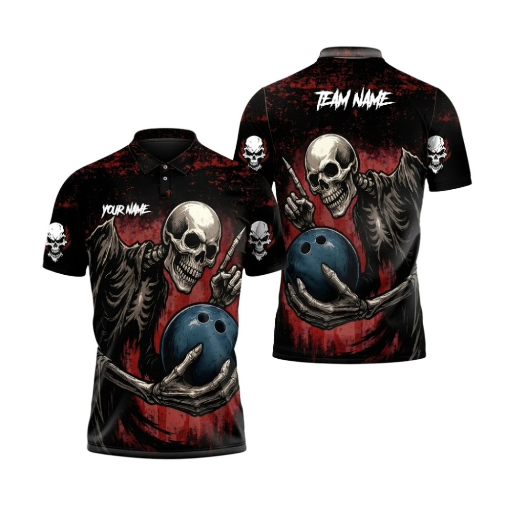 Custom Grim Reaper Skeleton Bowling Polo Shirts For Men, Custom Skull Team Bowling Shirts BZ1073