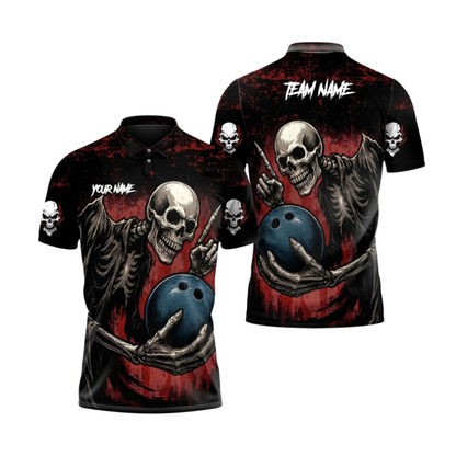 Custom Grim Reaper Skeleton Bowling Polo Shirts For Men, Custom Skull Team Bowling Shirts BZ1073