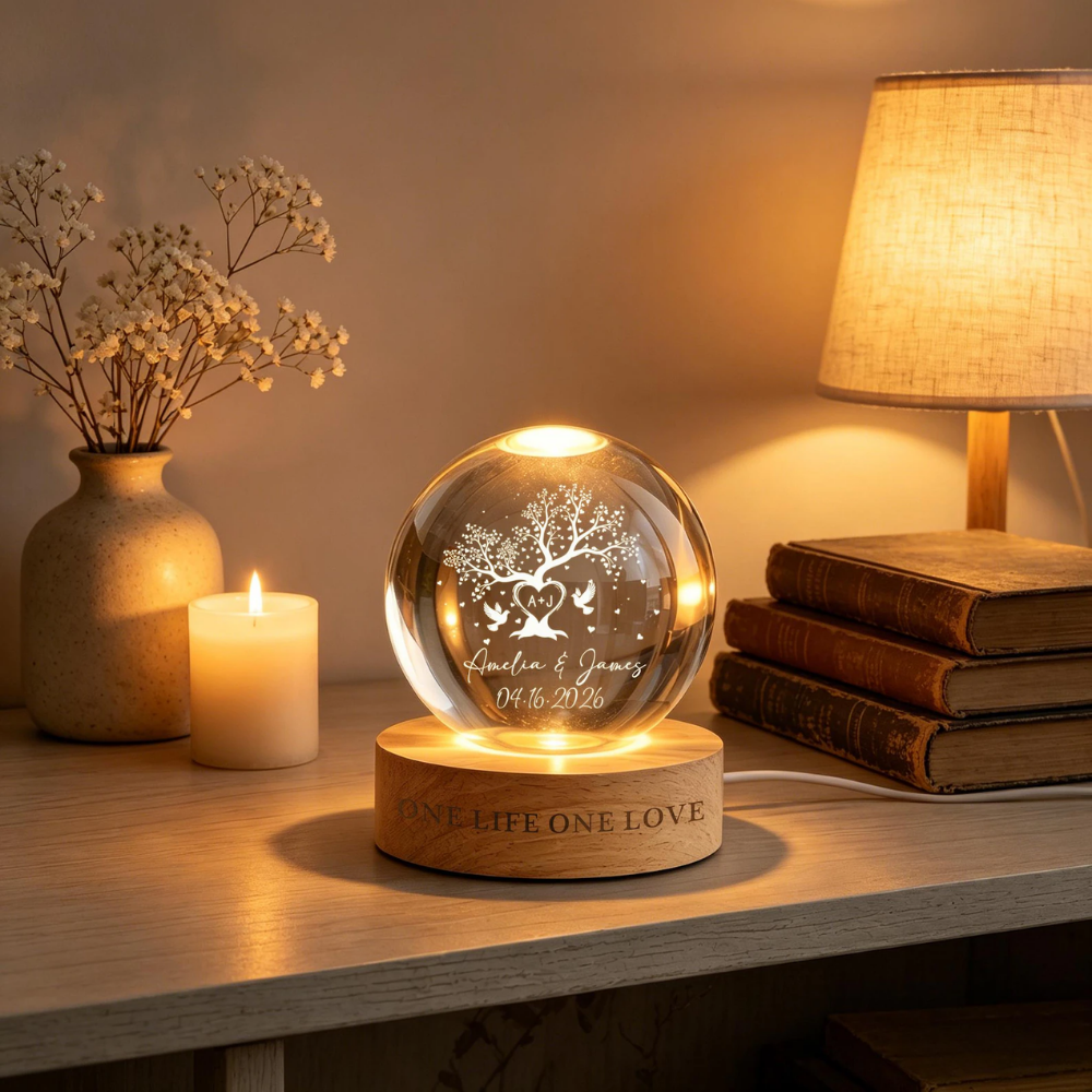 Personalized Tree Crystal Ball Led Night Light One Life One Love, Custom Wedding Anniversary Night Light WD0854