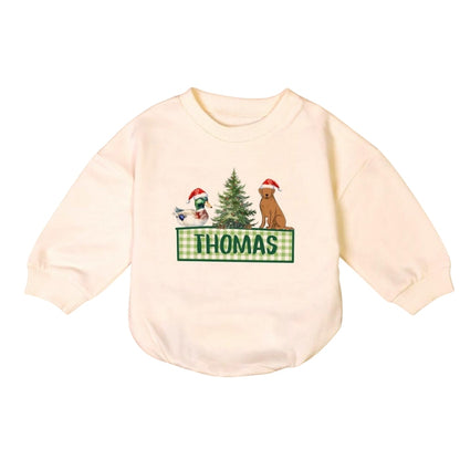 Personalized Mallard Duck Labrador Christmas Tree Baby Romper Sweatshirt, Custom Name Christmas Baby Hunting Romper Sweatshirt BB0207