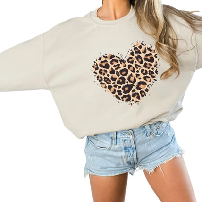Womens Leopard Heart Sweatshirt, Animal Print Heart Sweatshirt For Valentine Day 2D0774